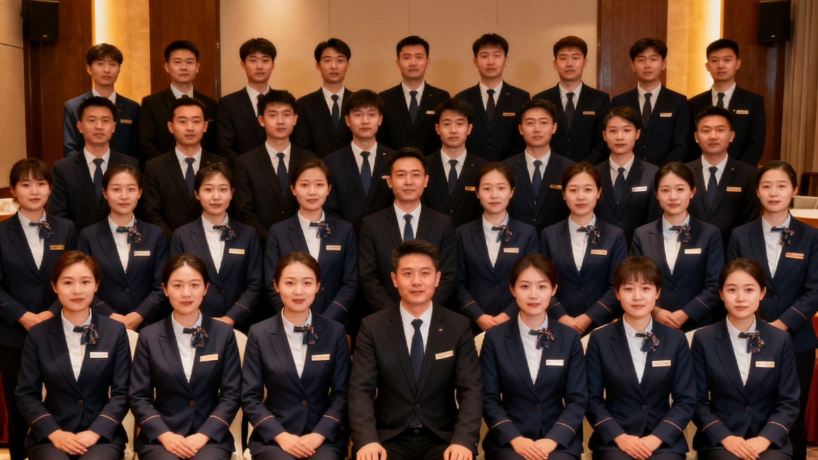 tyc贵宾会2025年春季管家培训结业典礼，42名新晋管家身着统一制服在培训中心合影